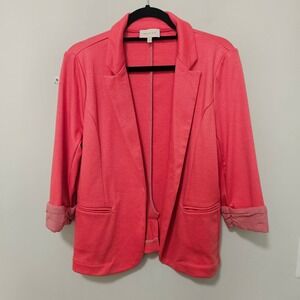 Skies Are Blue M Coral Pink Knit Blazer Jacket 3/4 Sleeve Striped Cuff Career